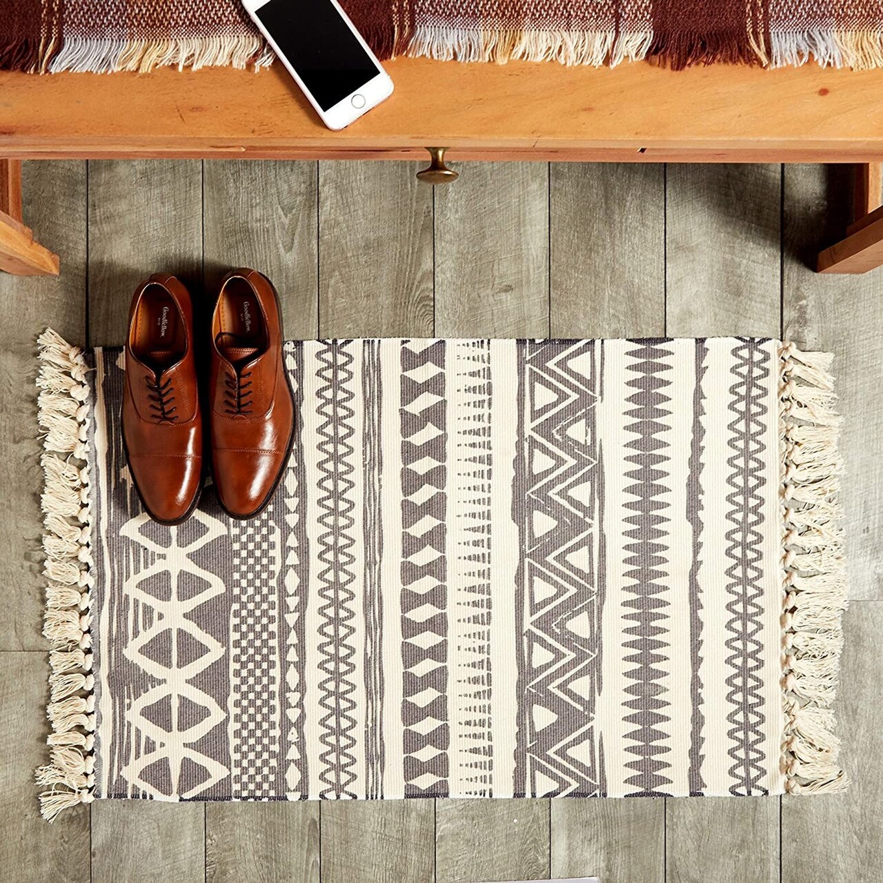 Hand Woven Area Rug with Tassels, Tribal Geometric Bohemian Style Home Décor (Navy and Cream, 2x3 Feet)